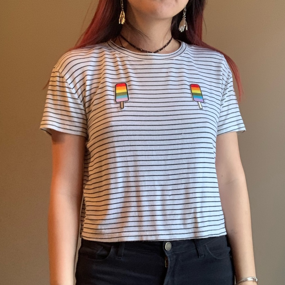 Striped shirt with rainbow popsicles